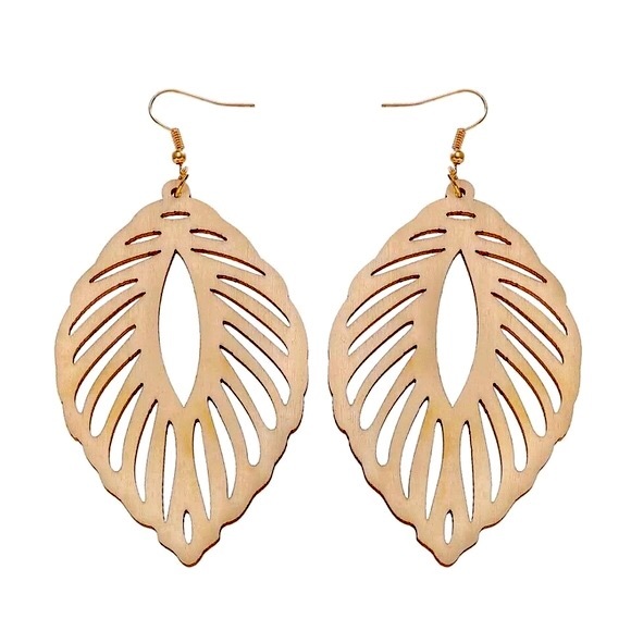 Jewelry - Large Wooden Leaf Pattern Bohemian Earrings